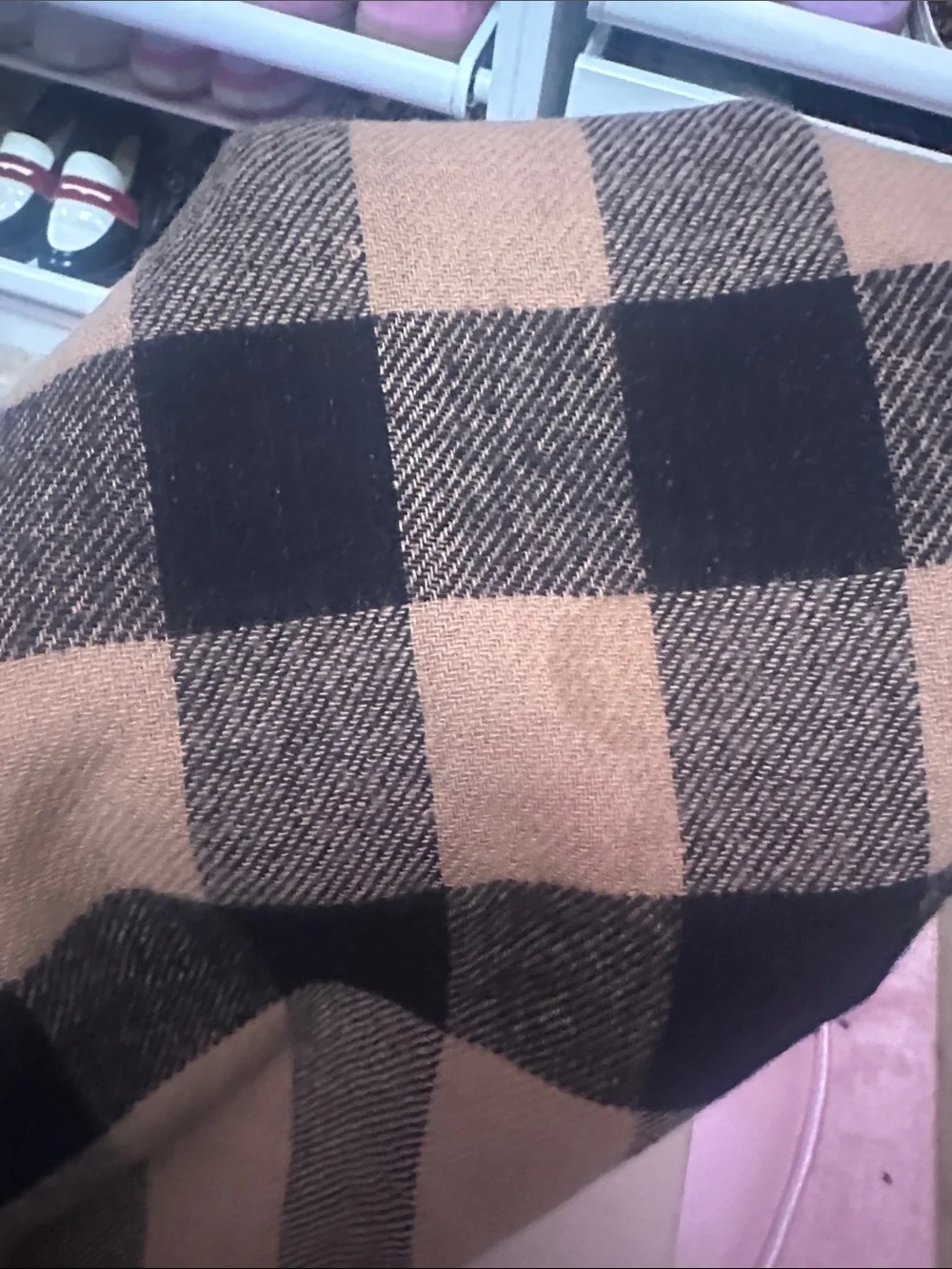 Burberry Tan and Black Check Wool Scarf with red interior